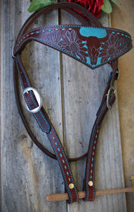 Dark Horse Collection - Tooled Wide Brown Leather Headstall "Blue Eyed Oak"