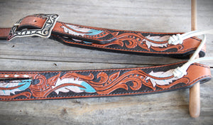 HANDMADE HERMAN OAK SLIP EAR HEADSTALL - Feathers and Vines Hand Carved and Painted Design