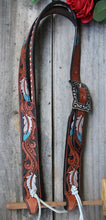Load image into Gallery viewer, HANDMADE HERMAN OAK SLIP EAR HEADSTALL - Feathers and Vines Hand Carved and Painted Design
