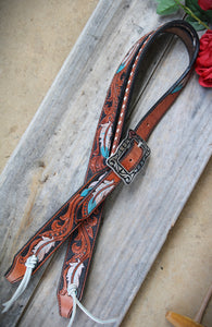 HANDMADE HERMAN OAK SLIP EAR HEADSTALL - Feathers and Vines Hand Carved and Painted Design