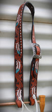 Load image into Gallery viewer, HANDMADE HERMAN OAK SLIP EAR HEADSTALL - Feathers and Vines Hand Carved and Painted Design
