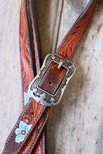 Load image into Gallery viewer, HANDMADE HERMAN OAK SLIP EAR HEADSTALL - Blue Flowers and Vines Hand Carved and Painted Design
