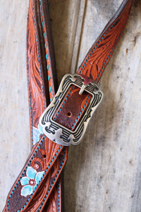 HANDMADE HERMAN OAK SLIP EAR HEADSTALL - Blue Flowers and Vines Hand Carved and Painted Design