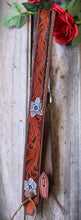 Load image into Gallery viewer, HANDMADE HERMAN OAK SLIP EAR HEADSTALL - Blue Flowers and Vines Hand Carved and Painted Design
