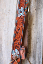 Load image into Gallery viewer, HANDMADE HERMAN OAK SLIP EAR HEADSTALL - Blue Flowers and Vines Hand Carved and Painted Design
