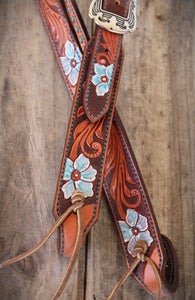 HANDMADE HERMAN OAK SLIP EAR HEADSTALL - Blue Flowers and Vines Hand Carved and Painted Design