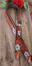 Load image into Gallery viewer, HANDMADE HERMAN OAK SLIP EAR HEADSTALL - Blue Flowers and Vines Hand Carved and Painted Design
