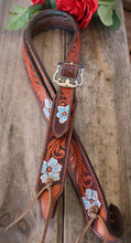 Load image into Gallery viewer, HANDMADE HERMAN OAK SLIP EAR HEADSTALL - Blue Flowers and Vines Hand Carved and Painted Design
