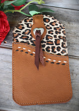 Load image into Gallery viewer, Western Style Phone or Saddle Pouch - Hair On Hide Embossed Leather with Buck Stitching and Silver Toned Conchos
