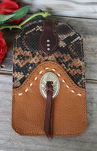Load image into Gallery viewer, Western Style Phone or Saddle Pouch - Hair On Hide Embossed Leather with Buck Stitching and Silver Toned Conchos
