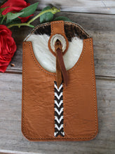 Load image into Gallery viewer, Western Style Phone or Saddle Pouch - Hair On Hide Embossed Leather with Buck Stitching and Silver Toned Conchos
