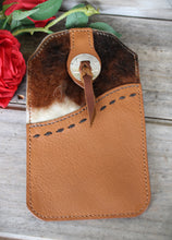 Load image into Gallery viewer, Western Style Phone or Saddle Pouch - Hair On Hide Embossed Leather with Buck Stitching and Silver Toned Conchos
