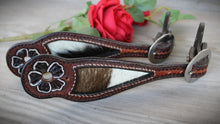 Load image into Gallery viewer, Genuine Leather Ladies Spur Straps with Hair On Hide Inlay and Tooling
