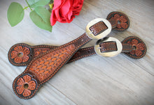 Load image into Gallery viewer, Genuine Leather Ladies Spur Straps with Floral and Basket Stamp Tooling
