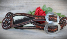 Load image into Gallery viewer, Genuine Leather Ladies Spur Straps with Hair On Hide Inlay and Tooling
