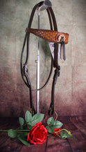 Load image into Gallery viewer, Dark Horse Collection -  Wide Brow Basket Stamped Headstall "Goldmine"
