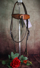 Load image into Gallery viewer, Dark Horse Collection -  Wide Brow Basket Stamped Headstall "Goldmine"
