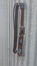 Load and play video in Gallery viewer, HANDMADE HERMAN OAK SLIP EAR HEADSTALL - Blue Flowers and Vines Hand Carved and Painted Design
