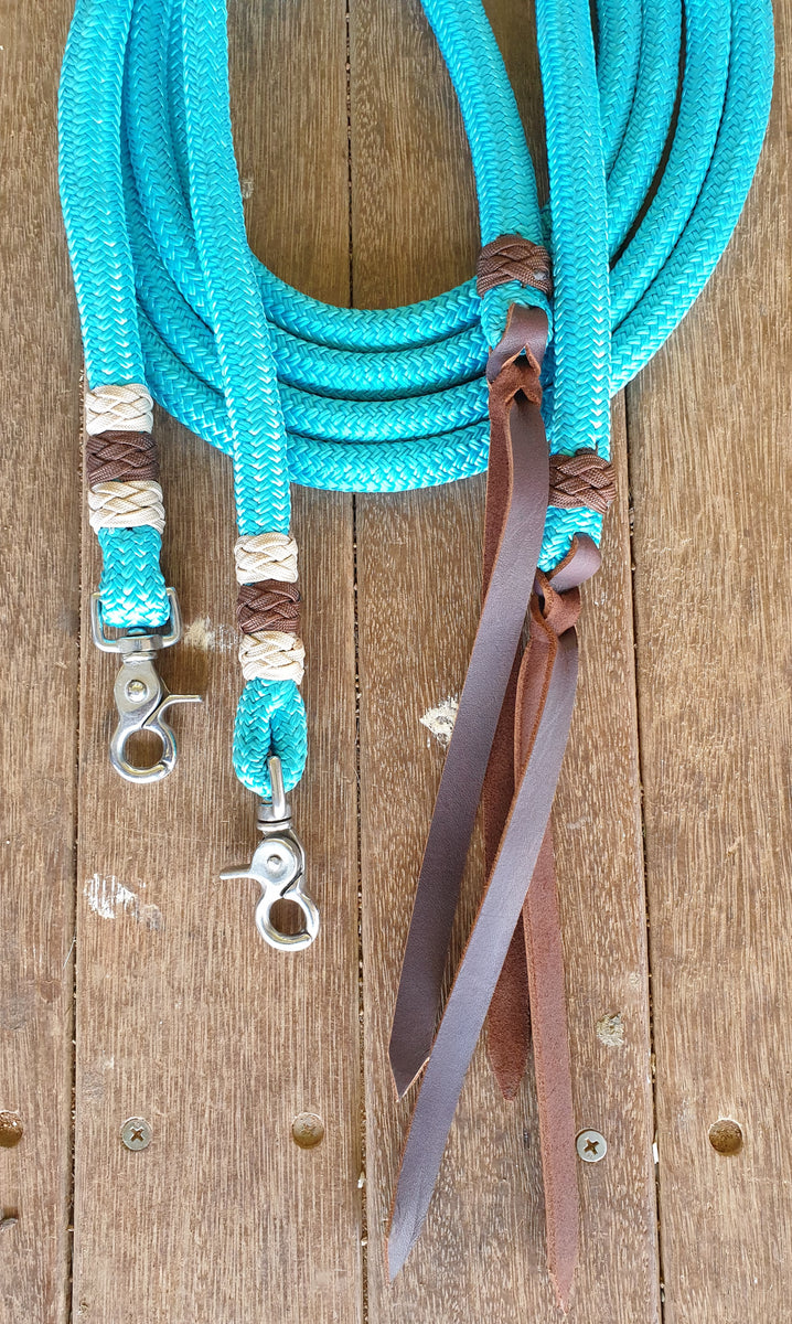 6.5 FT ROPE SPLIT REINS WITH DECORATIVE KNOTS – BLUE ROAN ROPES and TACK