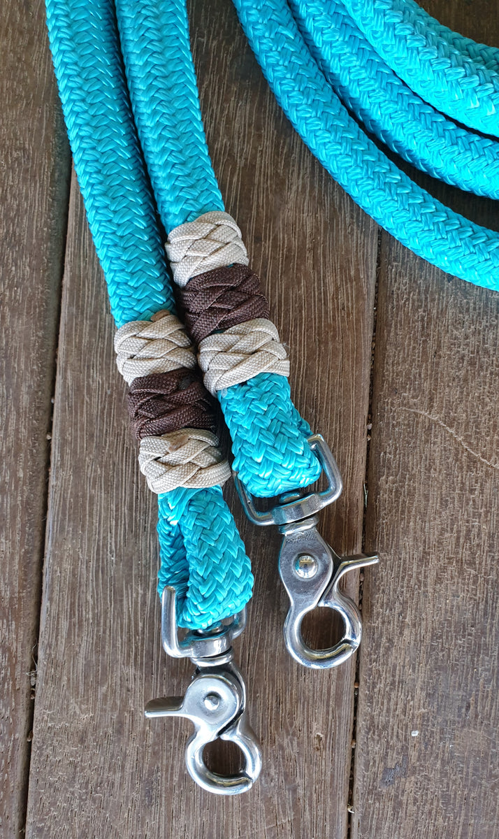 6.5 FT ROPE SPLIT REINS WITH DECORATIVE KNOTS – BLUE ROAN ROPES and TACK