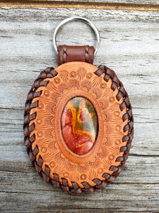 Genuine Leather and Pilbara Jasper Inlaid Key Chain