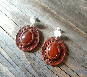 Hand Crafted Semi Precious Stone and Leather Inlaid Western Earrings
