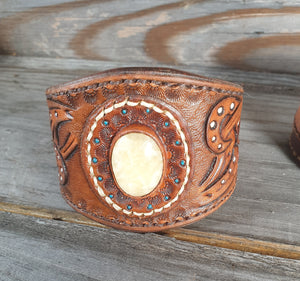 Genuine Leather and Semi Precious Stone Inlaid Carved Cuff