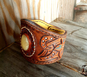 Genuine Leather and Semi Precious Stone Inlaid Carved Cuff