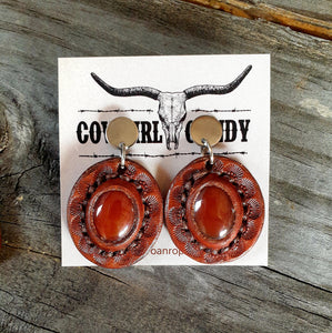 Hand Crafted Semi Precious Stone and Leather Inlaid Western Earrings